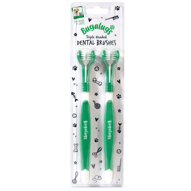 Bugalugs Triple Headed Dental Brushes 2pcs - Triple-sided toothbrush for dogs and cats