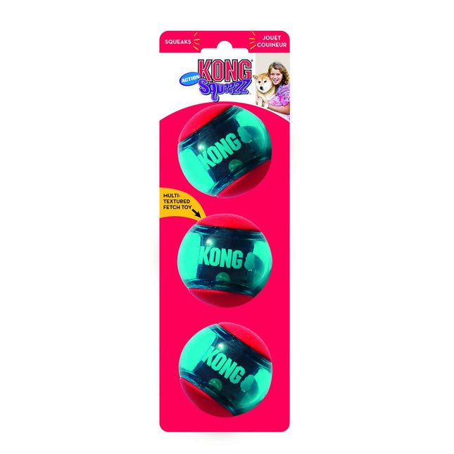 KONG Squeezz Action Ball Red - squeaky ball for dogs with a varied surface, red and blue - (3 pcs.)