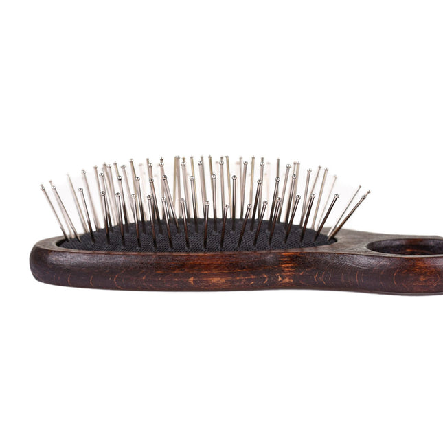 Blovi Wood Pin Brush - small wooden brush with a finger hole and a metal pin tipped with a ball.