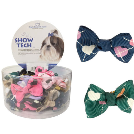 Show Tech Argyle Bows 50pcs - stylish, colorful bows on elastic bands for dogs