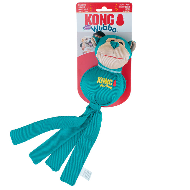 KONG Wubba Friends Ballistic Monkey - dog tug toy with tails, ball inside, and squeaker