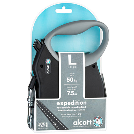 Alcott Expedition Retractable Leash 7.5m Black - long automatic leash for dogs, black