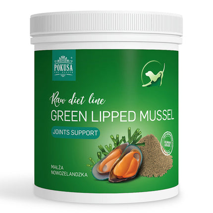 Pokusa Raw Diet Lipped Mussel - natural supplement made from New Zealand green-lipped mussels, supports joint function.