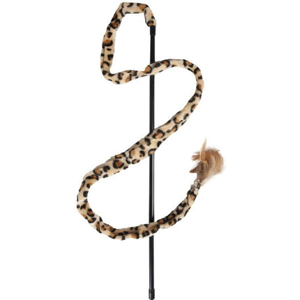 Flamingo Cat Dangler Leopard - cat wand with a long leopard print ribbon, bell, and feathers