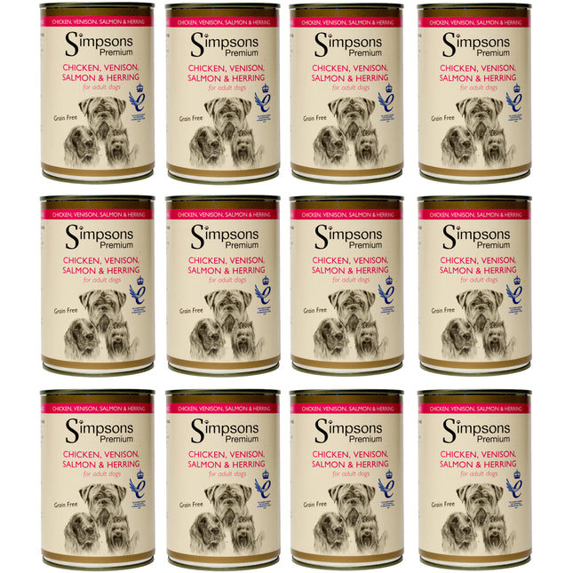 Simpsons Premium Chicken, Venison, & Herring - wet dog food with chicken, venison, salmon, herring, and vegetables, grain-free - 12x 400g