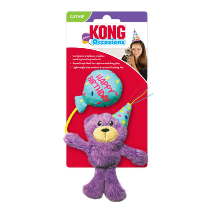 KONG Occasions Birthday Teddy - birthday toy for cats, teddy bear with a balloon, infused with catnip