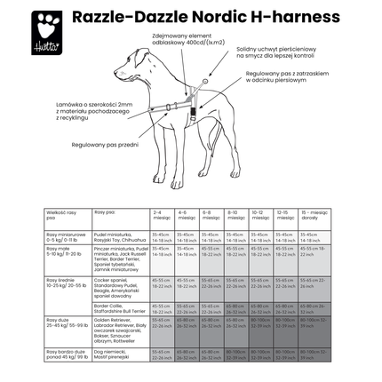 Hurtta Razzle - Dazzle H - Harness Beetroot - Adjustable Norwegian Harness for Puppies and Dogs - 55 - 65cm