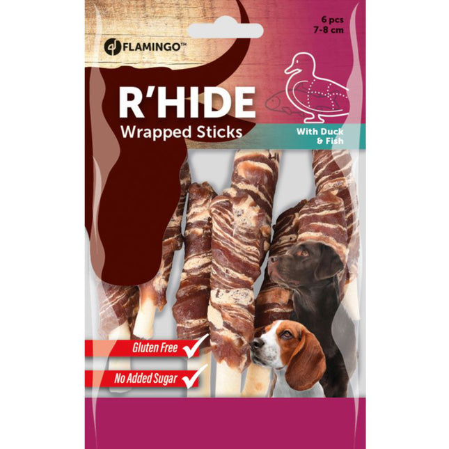 Flamingo R'hide Wrapped Sticks - aromatic treats for dogs with duck and cod