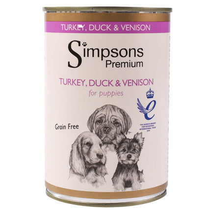 Simpsons Premium Puppy Turkey, Duck & Venison Casserole - wet food for puppies, with turkey, duck, venison, and vegetables, grain-free