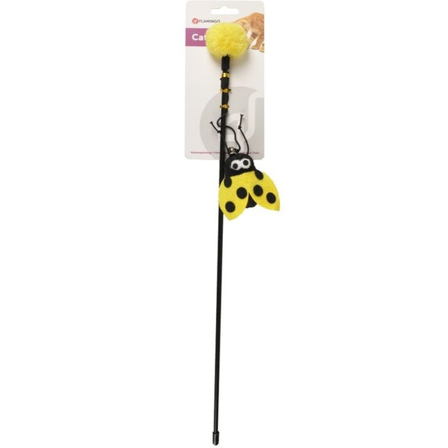 Flamingo Cat Dangler Happy Bug - cat wand with a ladybug, pom-pom, and bell