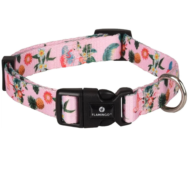 Flamingo Collar Sera - colorful adjustable dog collar, flamingo pattern, flowers