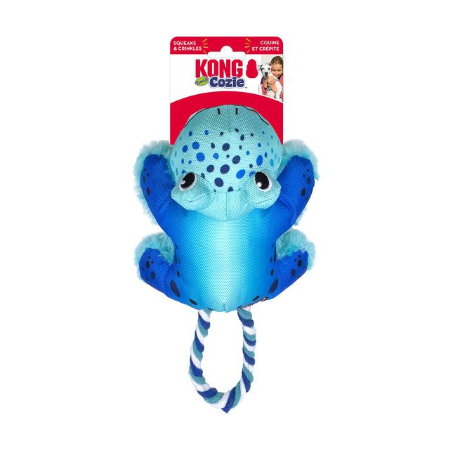 KONG Cozie Tuggz Frog - plush frog with rope, toy for small and medium dogs with squeaker