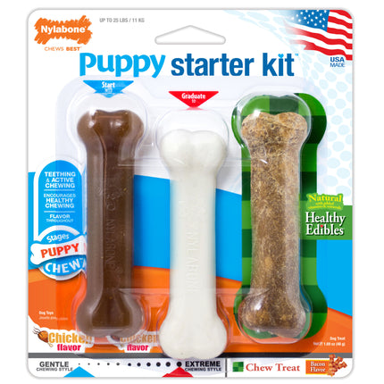 Nylabone Chicken & Bacon Puppy Starter Kit - puppy kit with two chew toys and a chew treat