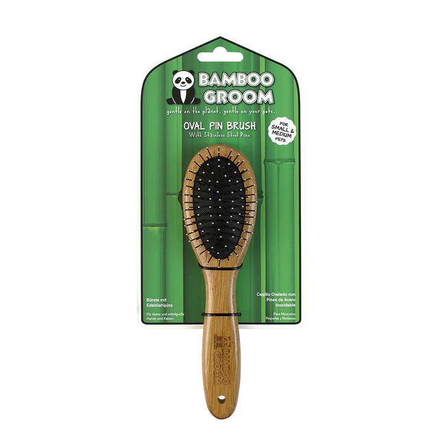 Bamboo Groom Oval Pin Brush Small/Medium - bamboo brush with metal pins, for dogs and cats, small and medium breeds