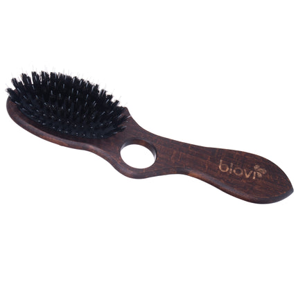 Blovi Wood Brush - small, oval brush with natural bristles, detangler, and finger hole, for long-haired breeds