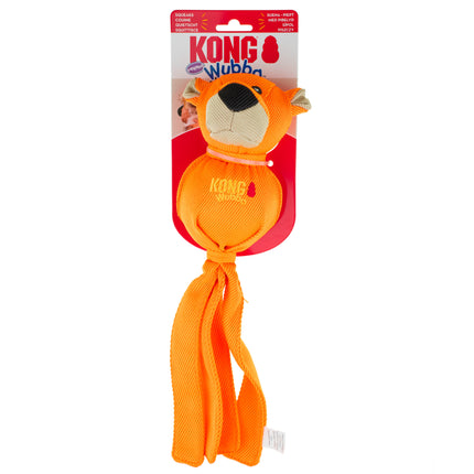 KONG Wubba Friends Ballistic Tiger - tug toy for dogs with tails, a ball inside, and a squeaker.