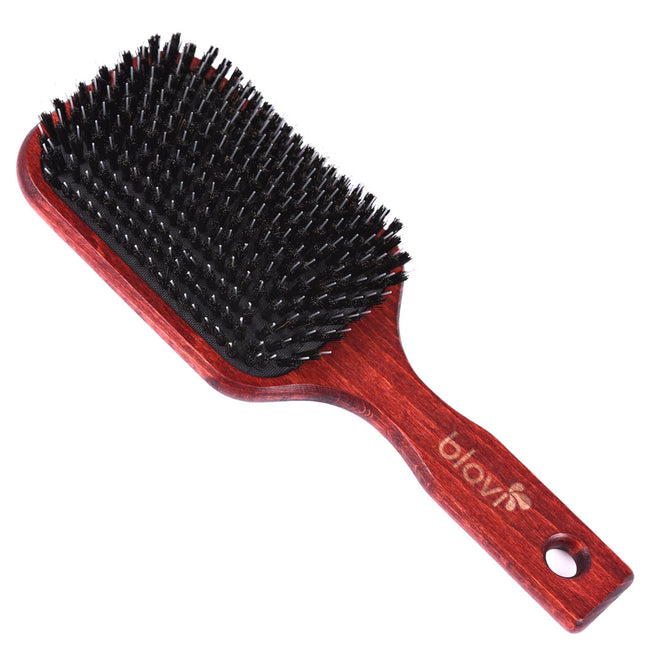 Blovi Wood Brush - extra large wooden brush with natural bristles and detangler, for long-haired breeds