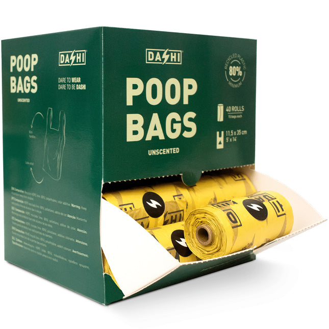 Dashi Unscented Poop Bags 40x15pcs - biodegradable dog waste bags, 11.5x35cm, with display stand