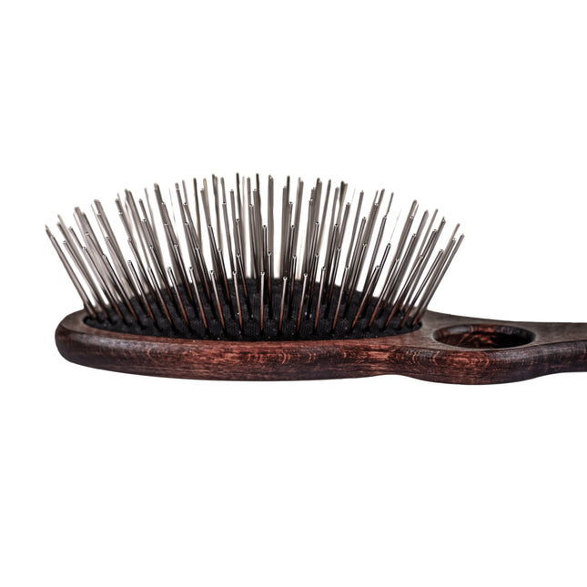 Blovi Wood Pin Brush - large, sturdy wooden brush with a long metal pin and a finger hole