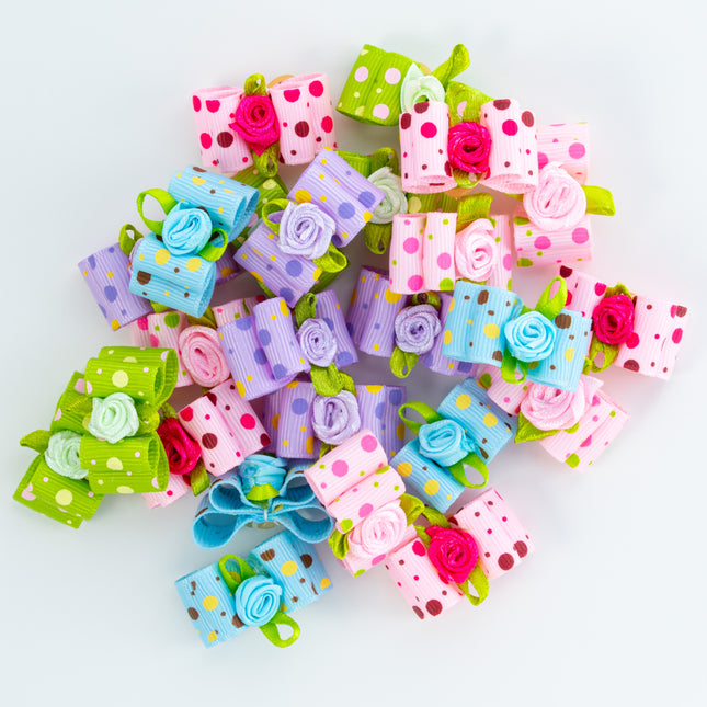 Blovi Bows Dots 25 pcs - elegant bows in colorful polka dots with a rose, on an elastic band, for dogs