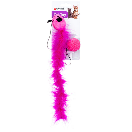 Flamingo Cat Mouse Ball - mouse toy with a ball for cats, featuring a boa feather tail, slightly crinkly