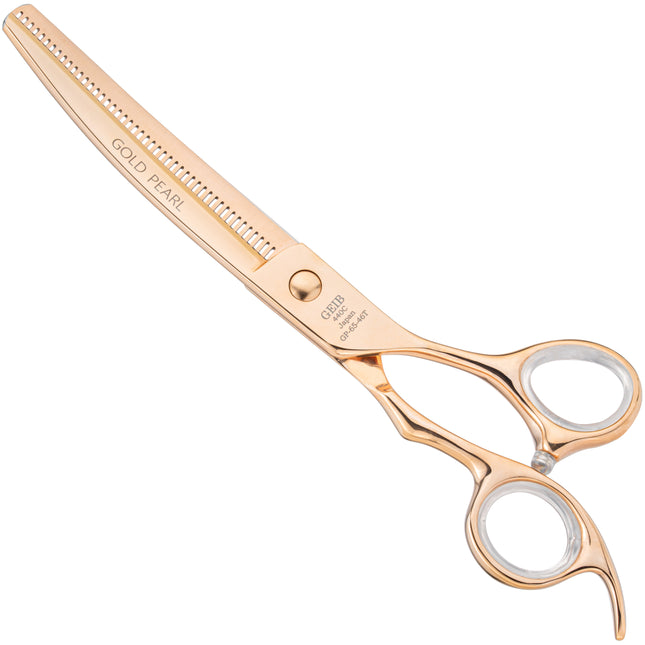 Geib Gold Pearl Curved Blender - single-sided curved thinning shears, 46 teeth, in an elegant gold color