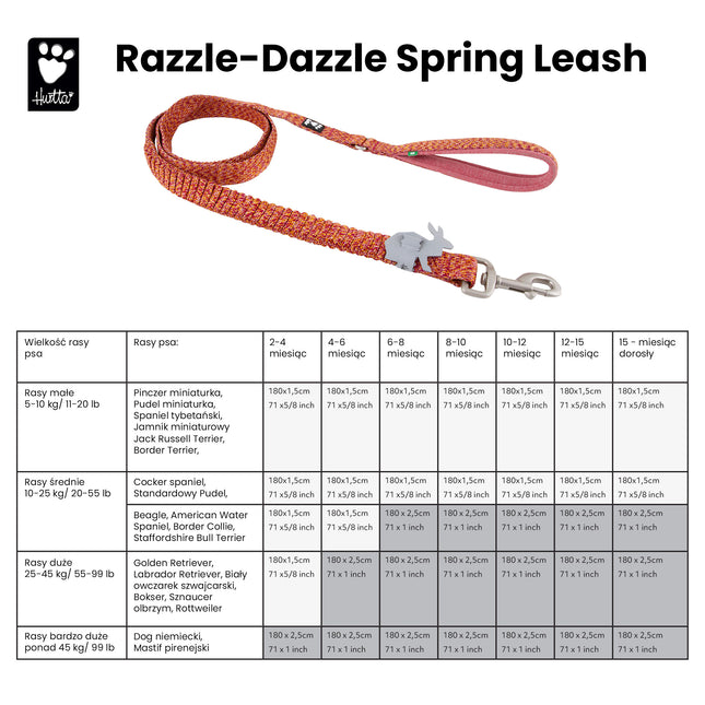 Hurtta Razzle Dazzle Spring Leash Beetroot - cushioned leash for puppies, with a soft handle