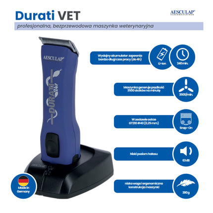 Aesculap Durati VET - professional, cordless veterinary clipper with blade #40 (0.25mm), blue