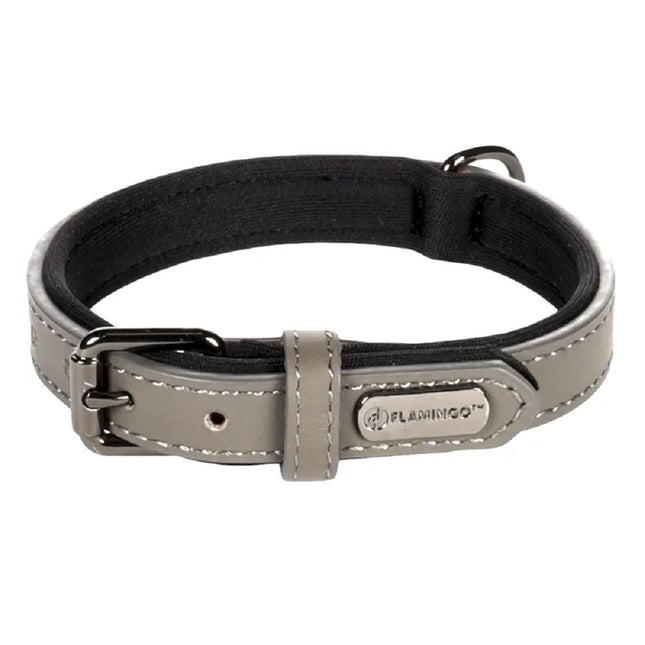 Flamingo Collar Binti Grey - leather dog collar with lining, natural leather, neoprene