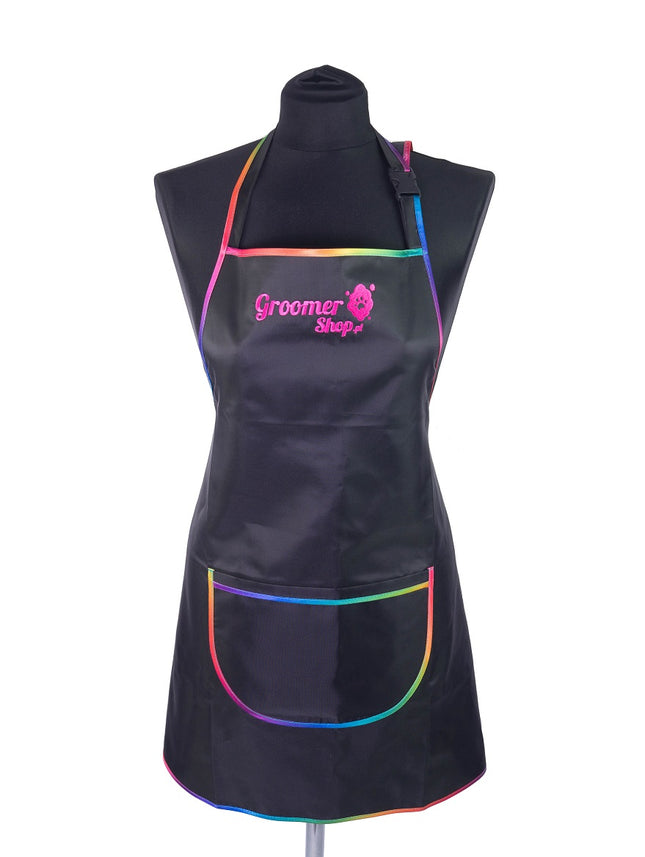 Waterproof grooming apron with pocket, rainbow trim