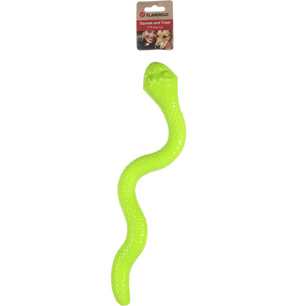 Flamingo Sneaky Snake Dog Toy - rubber snake for dog treats, with squeaker - lime green