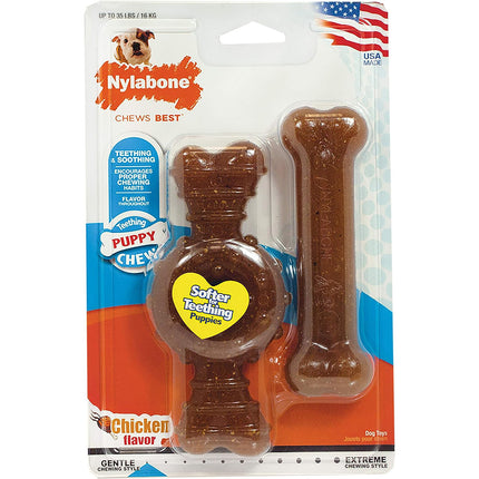 Nylabone Puppy & Ring Chicken Twin Pack - soft chew toys for puppies, flavored with chicken