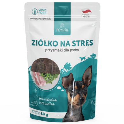 Pokusa Natural Herb Treat for Stress - grain-free treats for dogs that reduce anxiety and tension, beef and lemon balm