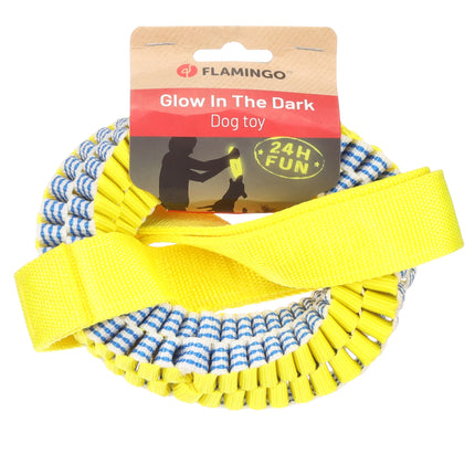 Flamingo Glow Tug Rope Ring - tug toy with a braided ring for dogs, glows in the dark, yellow