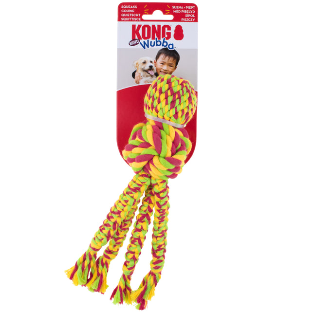 KONG Wubba Weaves with Rope - squeaky toy for dogs made of rope, with braided tails and a ball