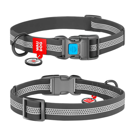 Waudog Waterproof Reflective Collar With QR Code Grey - waterproof collar for dogs, with QR tag and reflective tape