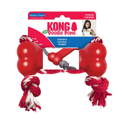 KONG Goodie Bone with Rope - red rubber bone for dogs with rope, chew toy and tug toy