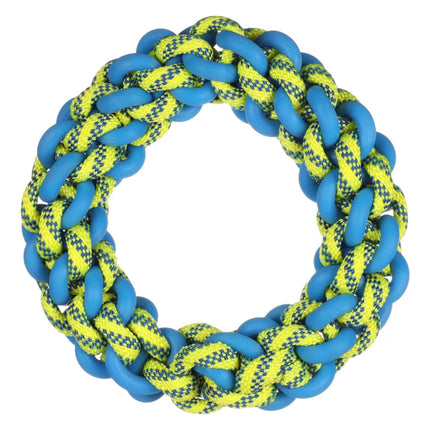 Flamingo Knotted Ring - braided tug toy for dogs, blue - yellow