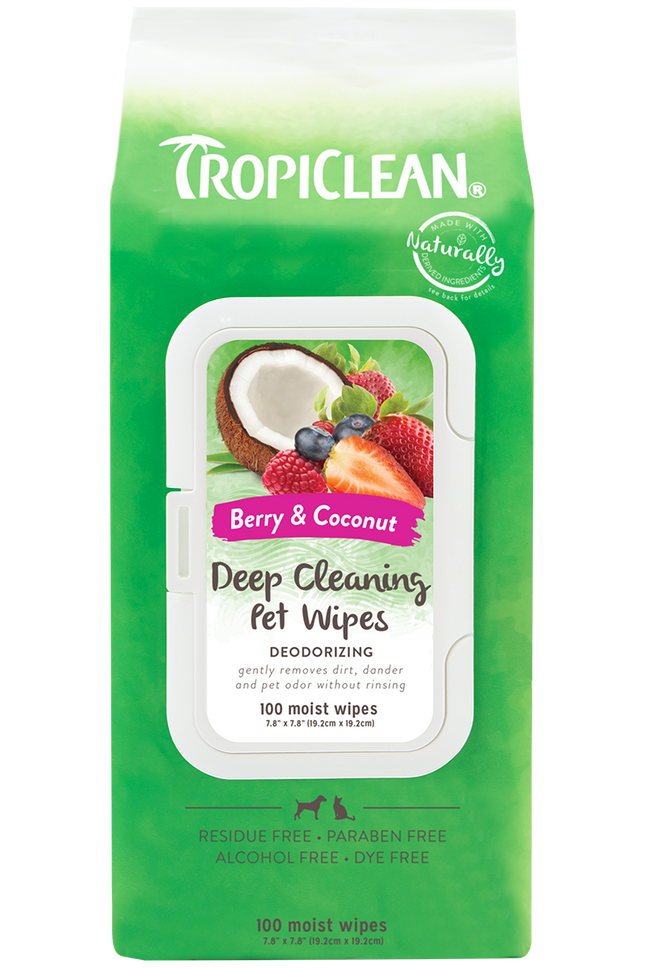 Tropiclean Deep Cleaning Pet Wipes Berry & Coconut 100 pcs - cleansing, moisturizing wipes for dogs, berry - coconut