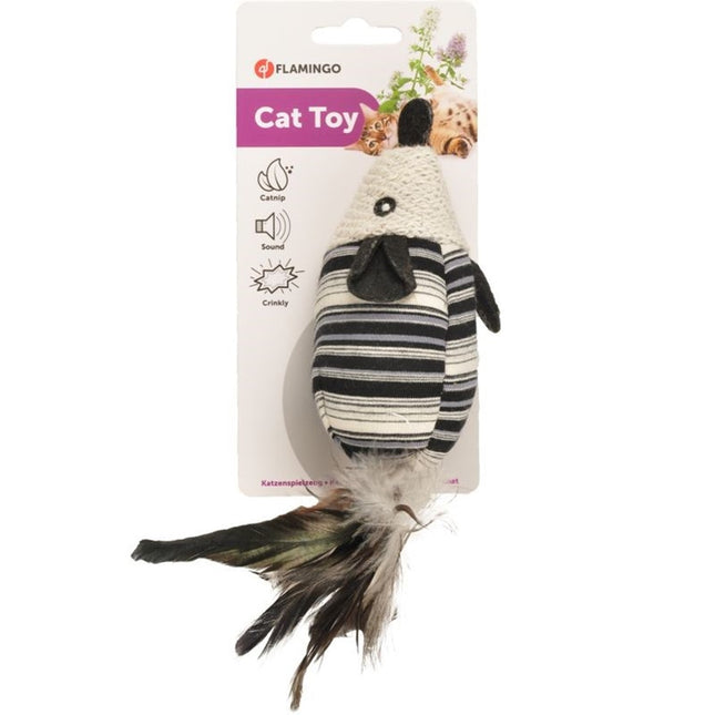 Flamingo Cat Pirin Rat - stylish little rat for cats with a rattle, feathers, and catnip