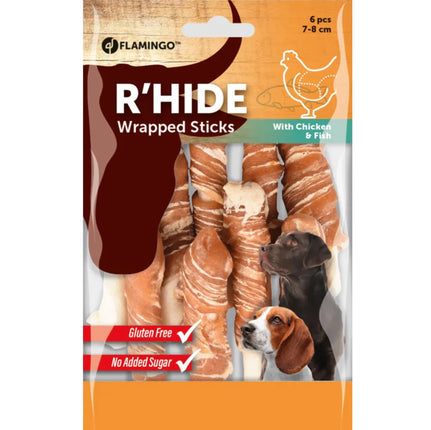 Flamingo Wrapped R'hide Sticks Chicken & Fish - aromatic treats for dogs with chicken and cod