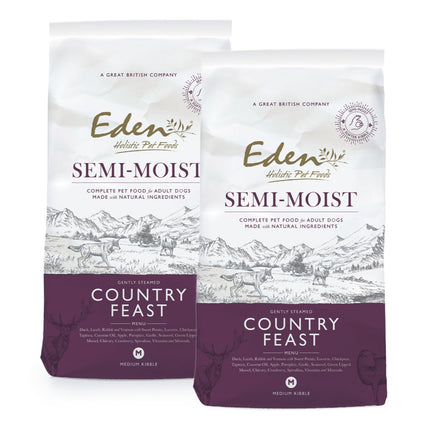 Eden Country Feast - semi-moist dog food with duck, lamb, rabbit, and game.