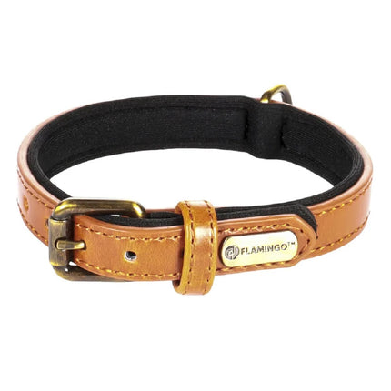 Flamingo Collar Lyabo Cognac - dog collar with lining, eco-leather and neoprene, cognac color