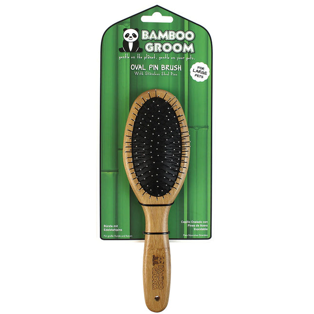 Bamboo Groom Oval Pin Brush - bamboo brush with metal pins, for large breed dogs and cats