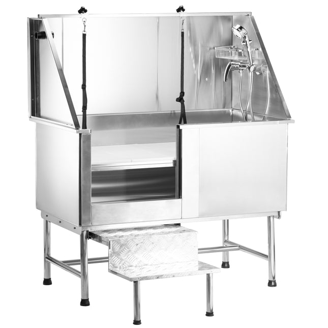 Blovi Free Standing Stainless Bath - stainless steel grooming tub with steps and sliding doors on the left side