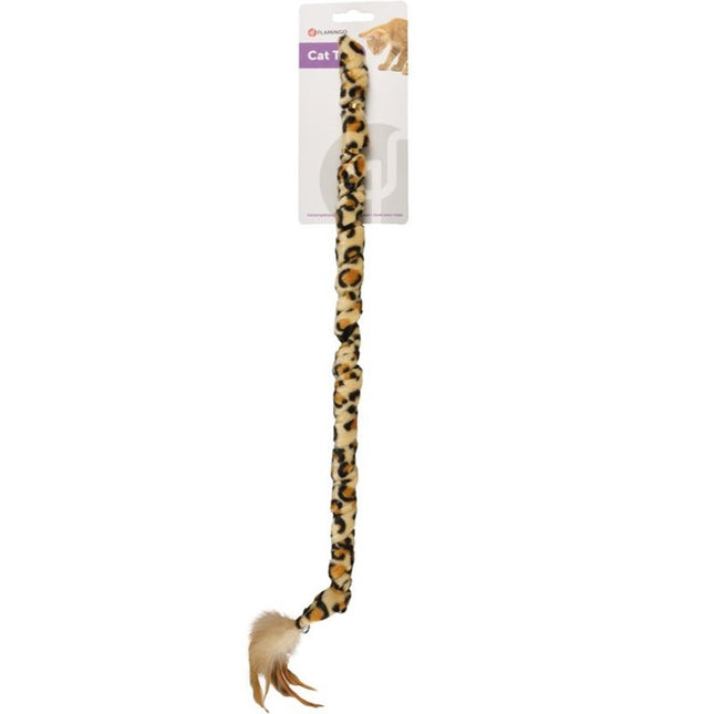 Flamingo Cat Dangler Leopard - cat wand with a long leopard print ribbon, bell, and feathers